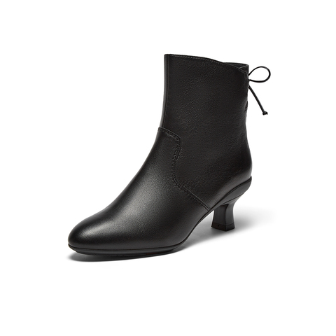 Bata时装靴女2025冬商场新款百搭软底羊皮通勤粗跟短筒靴AIR55DD5