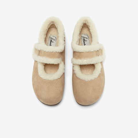 Bata勃肯毛毛鞋女2025冬季商场新款英伦羊皮通勤保暖单鞋AAM24DQ5