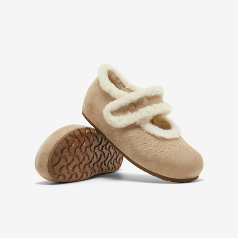 Bata勃肯毛毛鞋女2025冬季商场新款英伦羊皮通勤保暖单鞋AAM24DQ5