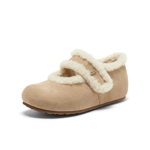 Bata勃肯毛毛鞋女2025冬季商场新款英伦羊皮通勤保暖单鞋AAM24DQ5