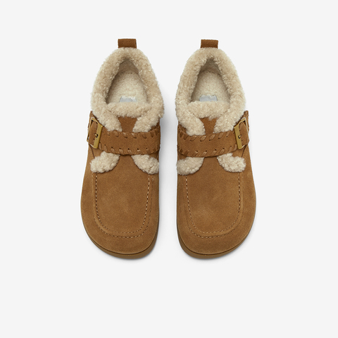 Bata勃肯毛毛鞋女2025冬商场新款英伦牛剖皮通勤保暖单鞋30922DM5