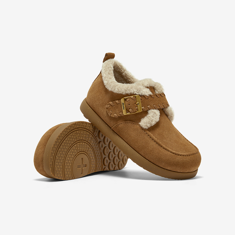 Bata勃肯毛毛鞋女2025冬商场新款英伦牛剖皮通勤保暖单鞋30922DM5