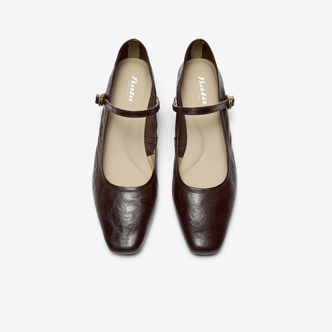 Bata羊皮书玛丽珍单鞋女2025秋商场新款复古软底浅口鞋8065DCQ5
