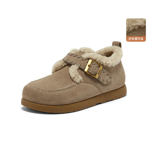 Bata勃肯毛毛鞋女2025冬商场新款英伦牛剖皮通勤保暖单鞋30922DM5