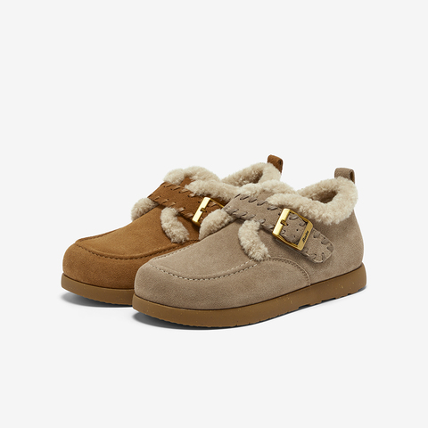 Bata勃肯毛毛鞋女2025冬商场新款英伦牛剖皮通勤保暖单鞋30922DM5