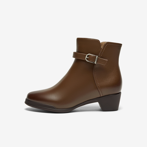 Bata时装靴女2024冬商场新款羊皮通勤百搭软底粗跟短筒靴AV455DD4