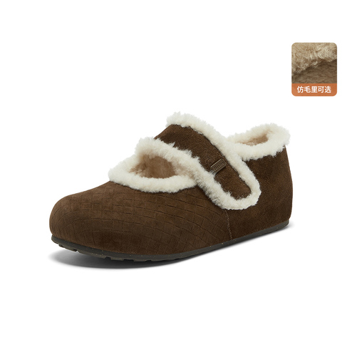 Bata勃肯毛毛鞋女2025冬季商场新款英伦羊皮通勤保暖单鞋AAM24DQ5