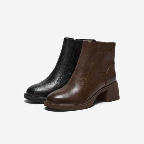 Bata时装靴女2025冬商场新款羊皮粗跟通勤增高百搭短筒靴UWT01DD5