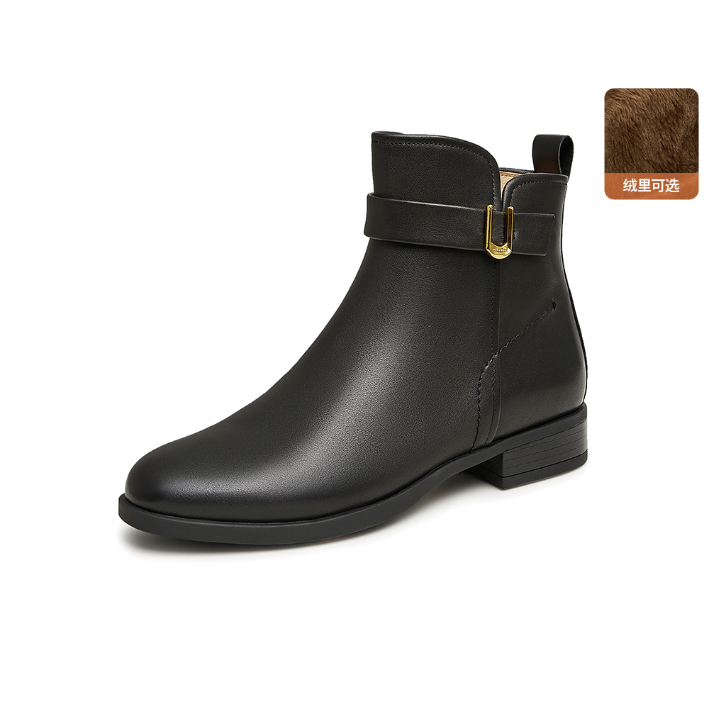 Bata时装靴女2025冬商场新款粗跟百搭牛皮通勤软底短筒靴AWG89DD5