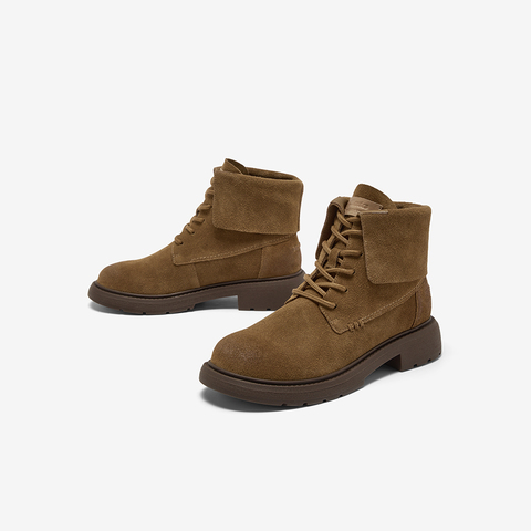 Bata英伦马丁靴女2025冬商场新款牛剖皮粗跟绒面短靴AD742DD5