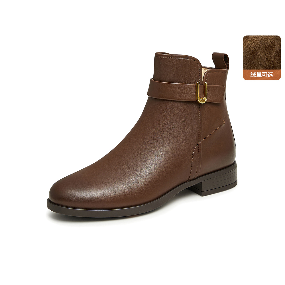 Bata时装靴女2025冬商场新款粗跟百搭牛皮通勤软底短筒靴AWG89DD5