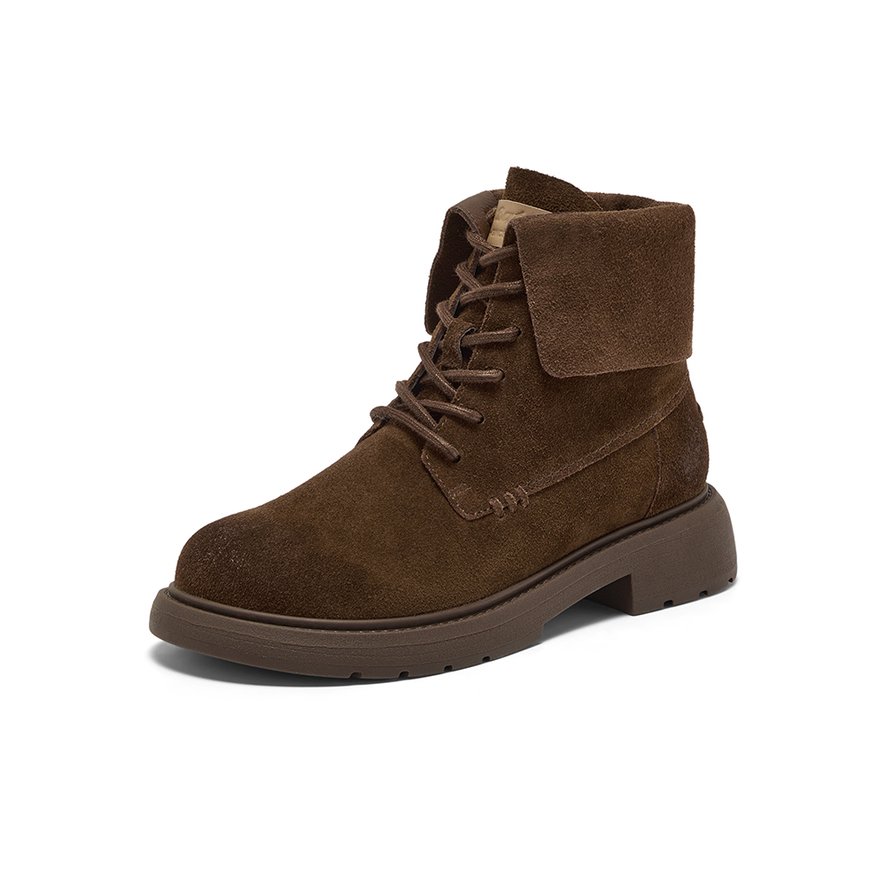 Bata英伦马丁靴女2025冬商场新款牛剖皮粗跟绒面短靴AD742DD5