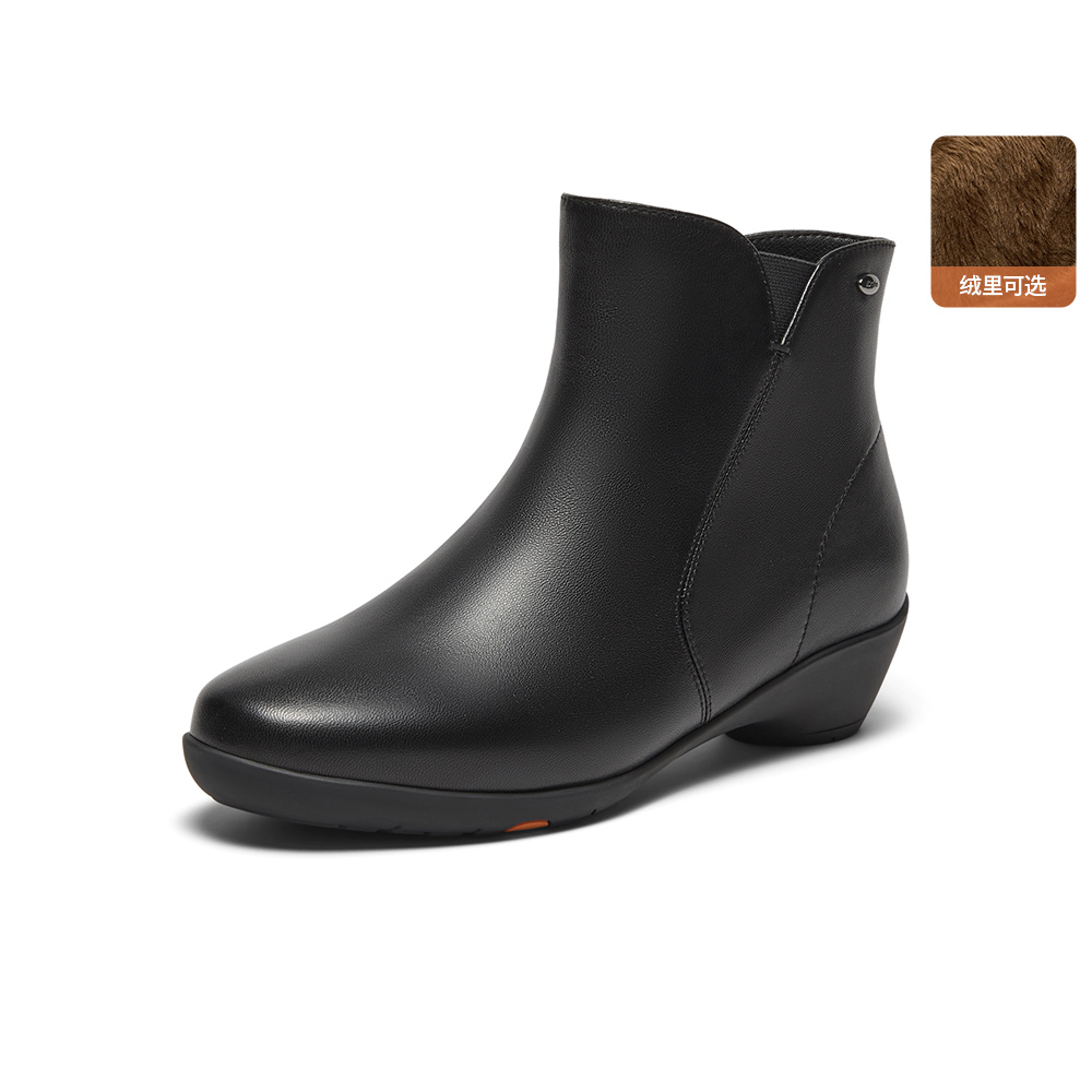 Bata时装靴女2025冬商场新款百搭软底羊皮通勤粗跟短筒靴AGW40DD5