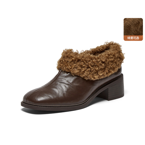 Bata深口鞋女2025冬季商场新款软底复古羊皮粗跟毛毛单鞋ATO15DM5