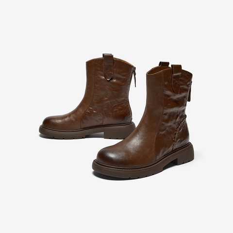 Bata时装靴女2025冬季商场新款百搭羊皮通勤粗跟短筒靴AD743DZ5