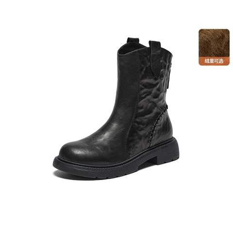 Bata时装靴女2025冬季商场新款百搭羊皮通勤粗跟短筒靴AD743DZ5