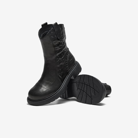 Bata时装靴女2025冬季商场新款百搭羊皮通勤粗跟短筒靴AD743DZ5