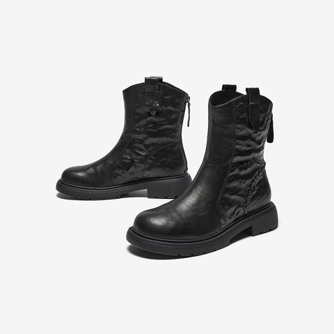 Bata时装靴女2025冬季商场新款百搭羊皮通勤粗跟短筒靴AD743DZ5