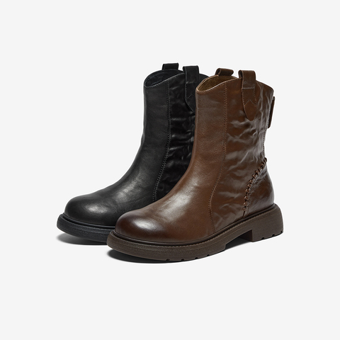 Bata时装靴女2025冬季商场新款百搭羊皮通勤粗跟短筒靴AD743DZ5