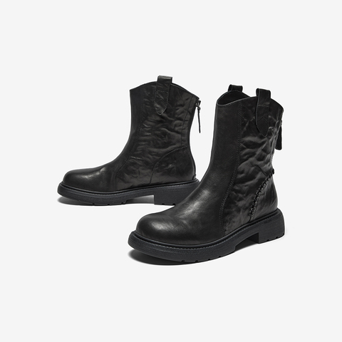 Bata时装靴女2025冬季商场新款百搭羊皮通勤粗跟短筒靴AD743DZ5