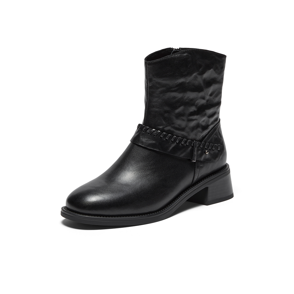 Bata时装靴女2025冬商场新款抓纹羊皮通勤百搭粗跟短筒靴23801DD5