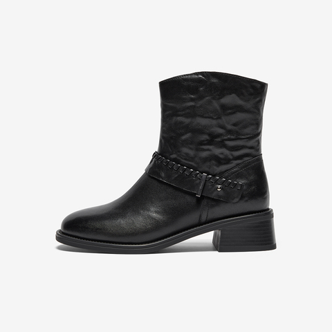 Bata时装靴女2025冬商场新款抓纹羊皮通勤百搭粗跟短筒靴23801DD5