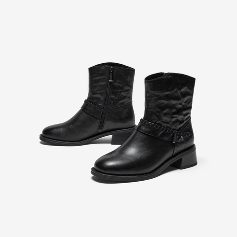 Bata时装靴女2025冬商场新款抓纹羊皮通勤百搭粗跟短筒靴23801DD5