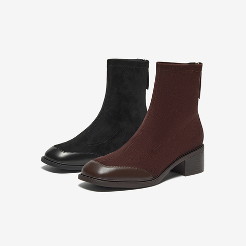 Bata时装靴女2024冬商场新款弹力复古通勤粗跟软底短筒靴ATO43DD4