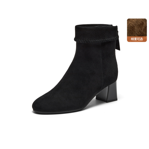 Bata时装靴女2025冬季商场新款粗跟百搭羊皮软底短筒靴ALV58DD5