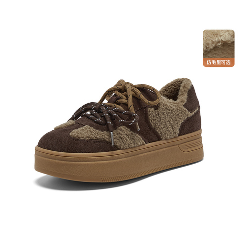 Bata休闲鞋女2025冬季新款通勤百搭牛剖皮德训鞋毛毛板鞋8091DDM5