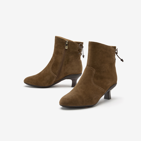 Bata时装靴女2025冬商场新款百搭软底羊皮通勤粗跟短筒靴AIR55DD5