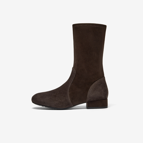 Bata时装靴女2025冬季新款羊皮弹力复古通勤粗跟短筒靴65133DZ5