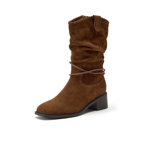 Bata西部靴女2025冬商场新款羊皮百搭复古时尚长筒时装靴ATO47DS5