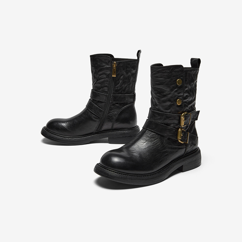 Bata时装靴女2025冬季新款牛皮通勤百搭粗跟西部中筒靴58228DZ5