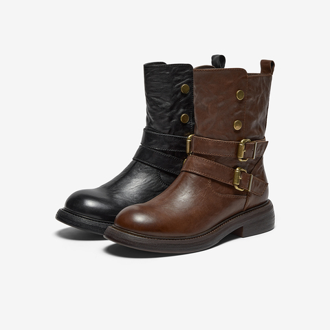 Bata时装靴女2025冬季新款牛皮通勤百搭粗跟西部中筒靴58228DZ5