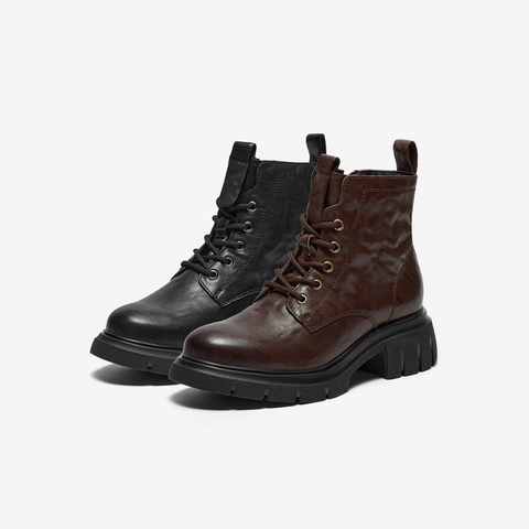 Bata英伦马丁靴女2025冬商场新款牛皮粗跟百搭纹理短筒靴UWL02DD5