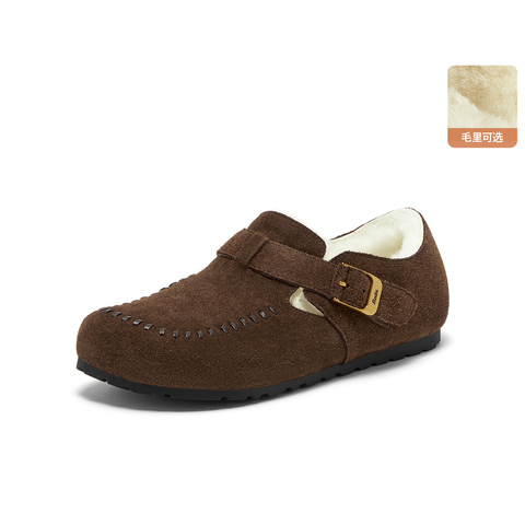 Bata勃肯毛毛鞋女2025冬新款英伦牛剖皮通勤保暖单鞋252MMDA5