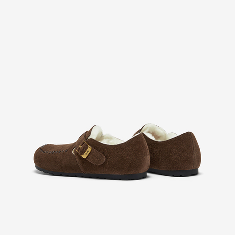 Bata勃肯毛毛鞋女2025冬新款英伦牛剖皮通勤保暖单鞋252MMDA5