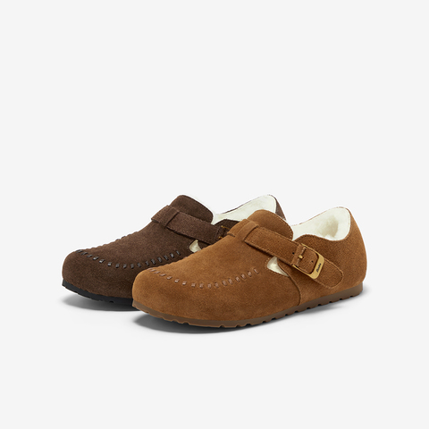 Bata勃肯毛毛鞋女2025冬新款英伦牛剖皮通勤保暖单鞋252MMDA5