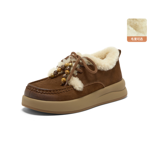 Bata勃肯毛毛鞋女2025冬季新款英伦牛皮通勤保暖厚底单鞋8581MDM5