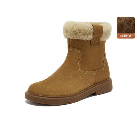 Bata雪地靴女2025冬商场新款牛剖皮保暖粗跟时尚毛毛短靴AKQ58DD5