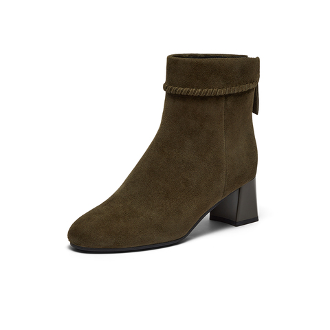 Bata时装靴女2025冬季商场新款粗跟百搭羊皮软底短筒靴ALV58DD5