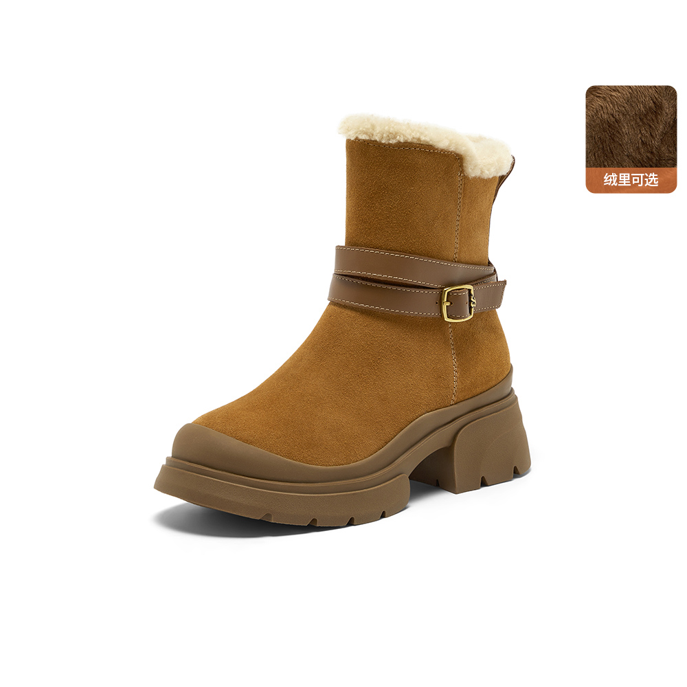 Bata雪地靴女2025冬商场新款牛剖皮保暖粗跟通勤百搭中靴UKI10DZ5