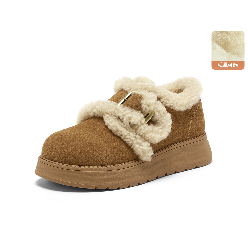 Bata勃肯毛毛鞋女2025冬新款英伦牛剖皮通勤保暖厚底单鞋8501MDM5