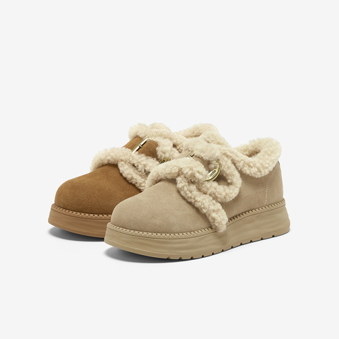 Bata勃肯毛毛鞋女2025冬新款英伦牛剖皮通勤保暖厚底单鞋8501MDM5