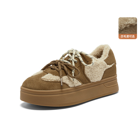 Bata休闲鞋女2025冬季新款通勤百搭牛剖皮德训鞋毛毛板鞋8091DDM5