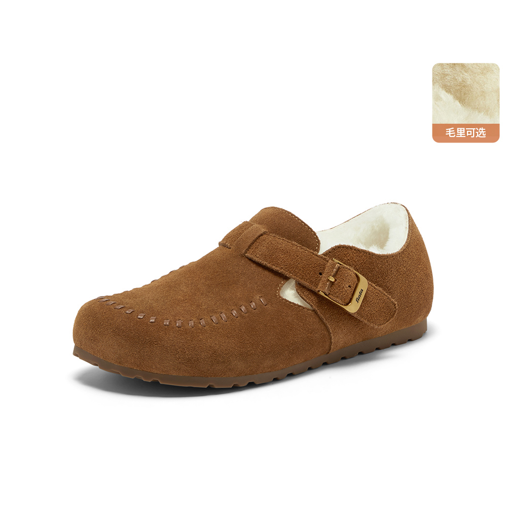 Bata勃肯毛毛鞋女2025冬新款英伦牛剖皮通勤保暖单鞋252MMDA5