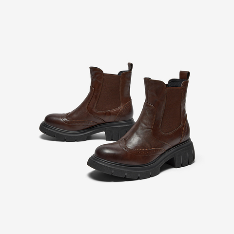 Bata切尔西靴女2025冬商场新款英伦风牛皮粗跟通勤短筒靴UWL04DD5