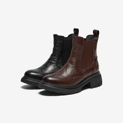 Bata切尔西靴女2025冬商场新款英伦风牛皮粗跟通勤短筒靴UWL04DD5