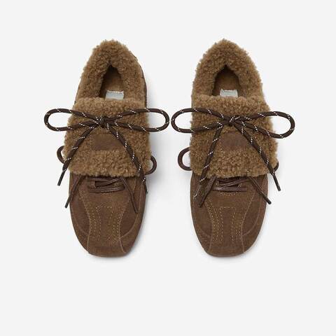 Bata休闲鞋女2025冬季牛剖皮通勤复古毛毛德训运动鞋25581DM5